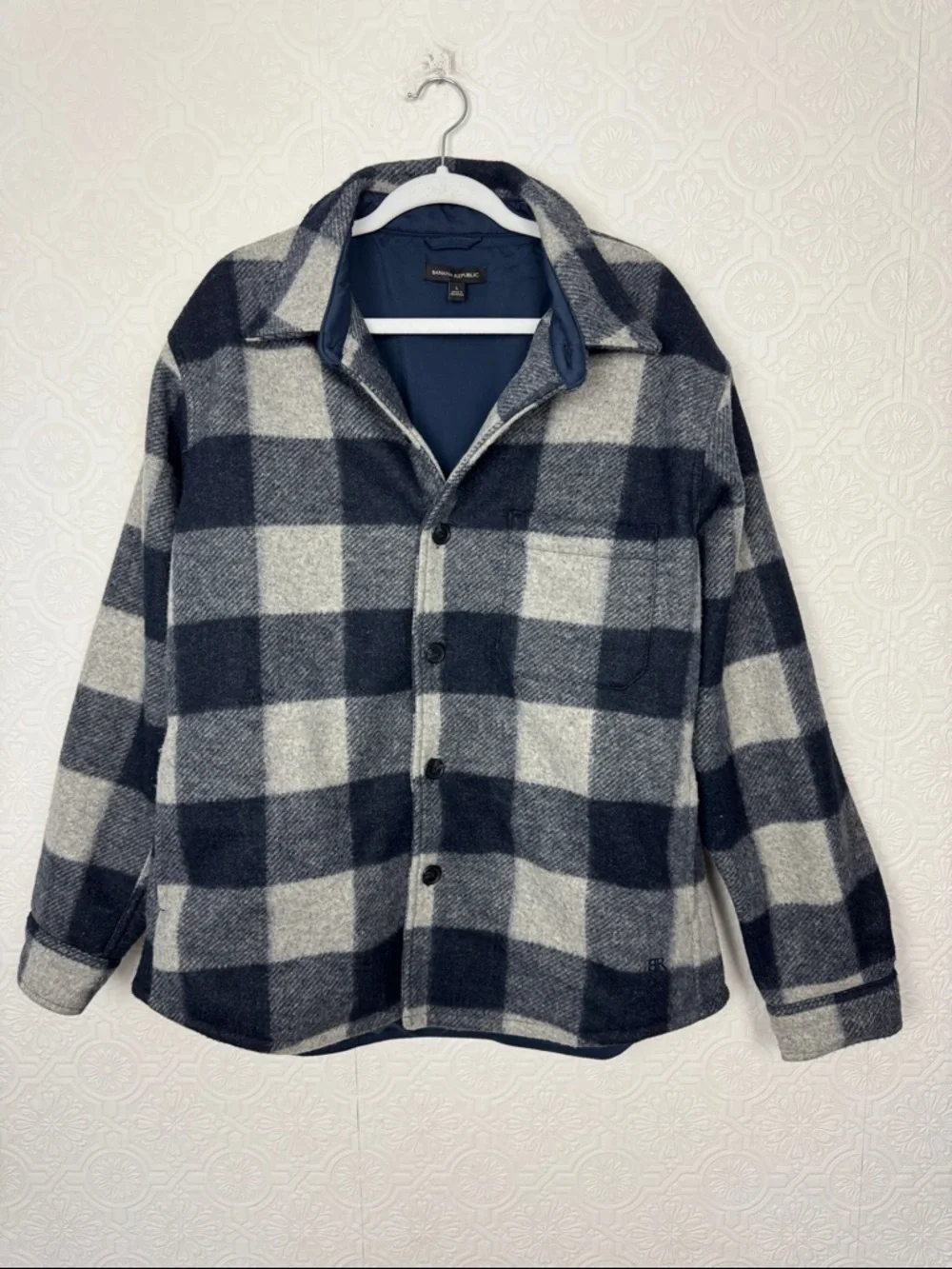 Banana Republic Plaid‎ Warm Jacket Blue Gray Buffalo Check Large